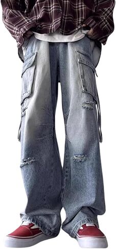 Men's Cargo Baggy Jeans Y2k Ripped Straight Leg Denim Pants Fashion Hip Hop Grunge Clothing Blue in Kuwait