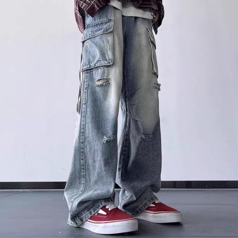 Men's Cargo Baggy Jeans Y2k Ripped Straight Leg Denim Pants Fashion Hip Hop Grunge Clothing Blue in Kuwait