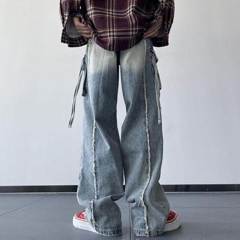 Men's Cargo Baggy Jeans Y2k Ripped Straight Leg Denim Pants Fashion Hip Hop Grunge Clothing Blue in Kuwait