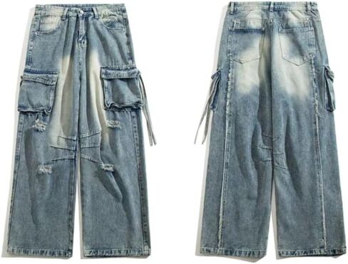 Men's Cargo Baggy Jeans Y2k Ripped Straight Leg Denim Pants Fashion Hip Hop Grunge Clothing Blue in Kuwait