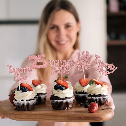 Gyufise 24Pcs 25th Birthday Cupcake Toppers Glitter Twenty-five Hello 25 Years Birthday Cupcake Picks Cheers to 25 Cake Decorations for Happy 25th Birthday Anniversary Party Supplies Rose Gold in Saudi Arabia