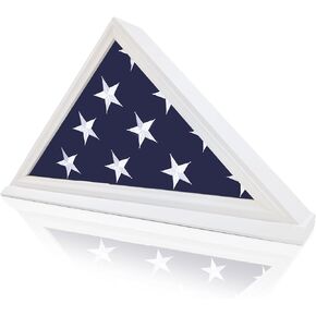 Flag Display Case, Thick Bottom Edge Military Flag Box with High Transparent Glass Front, Solid Wood Wall Mounted Flag Case Shadow Box for 5'x9.10' American Veteran Burial Flag, Vintage White