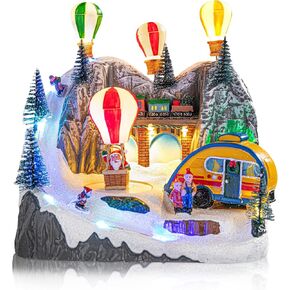 VCUTEKA Christmas Village Collectible Building, Snowy Mountain with Ski Slopes and Revolving Train Lighted Musical Village Addition to Your Christmas Indoor Decor