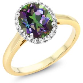 Gem Stone King 10K Yellow Gold Oval Gemstone Birthstone and Diamond Halo Engagement Ring | Oval 9X7MM | Wedding Anniversary Promise Gold Ring For Women