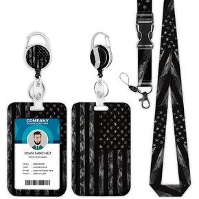 Black Camo USA Flag Lanyards for ID Badges, ID Badge Holder with Lanyard Retractable Badge Holder/Reel Lanyard, Teacher Student Office Gifts