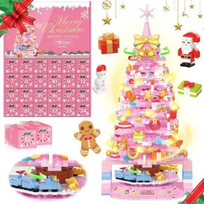 Advent Calendar 2024 Christmas Tree Building Block Set, 1188PCS 24 Days Countdown Calendar Building Toy Set with Rotating LED Light, Creative Gift for Kids & Adults Ages 8+, Green