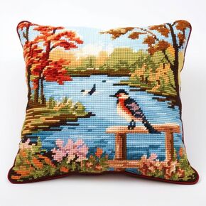 Lakeside Bird Latch Hook Pillow Cover Kits for Adults and Starter DIY Pillowcase Cross Stitch Latch Hook Rug Kits with Preprinted Canvas Crochet Yarn Kits Needlework Crafts 17'' X 17''(l03)