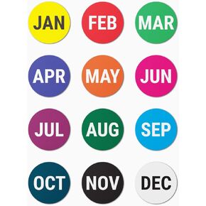 Month of The Year Labels Stickers - 1" Round Circle Dot Assorted Color Coded Label Stickers for Warehouse Inventory Pharmacy, Strong Adhesive & Easy Peel (300 Labels on Sheet)