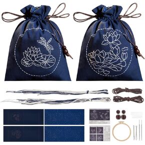 WEBEEDY 2 Set Embroidery Drawstring Bag Kits DIY Sashiko Kit with Complete Material Accessories Sewing Handbag Kit Embroidery Start Kit Needlepoint Sewing Bag Kit for Beginner, Lotus Flower Pattern