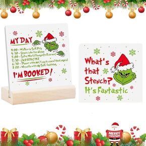 Christmas Decorations, 2 Ceramic Print Signs with 1 Wood Stand Desktop Ornament, Christmas Sign Table Tiered Tray Winter Centerpiece Party Decor for Dinner Coffee Holiday Vacation Home 4.4x4 inch in Kuwait