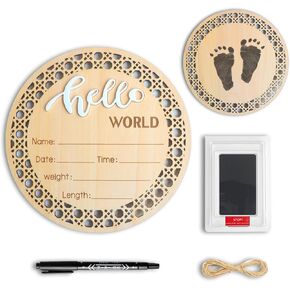 Wooden Baby Announcement Sign, hello world newborn sign, Birth Announcement Sign with Ink Pad, Baby Name Announcement Sign Newborn for Nursery Gift Baby Photo Prop Shower Keepsakes