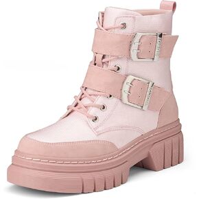 Women's Combat Boots Chunky Platform Lug Sole Ankle Boots Buckle Lace Up Moto Boots with Side Zipper