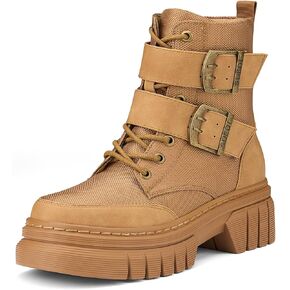 Women's Combat Boots Chunky Platform Lug Sole Ankle Boots Buckle Lace Up Moto Boots with Side Zipper