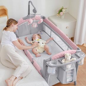 ADOVEL Baby Bassinet Bedside Crib, Pack and Play with Mattress, Diaper Changer and Playards from Newborn to Toddles, Grey