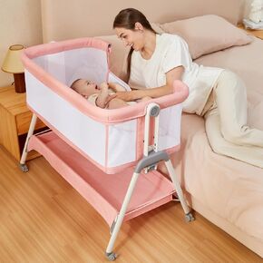 ANGELBLISS Baby Bassinet Bedside Crib with Storage Basket and Wheels, Easy Folding Bed Side Sleeper Adjustable Height Portable Crib for Newborn
