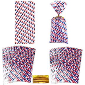 SaktopDeco 100 PCS Patriotic Cellophane Treat Bags 5x11 Red White Blue Star Cellophane Bags Gift Bag Cello Bags Party Favors Supplies