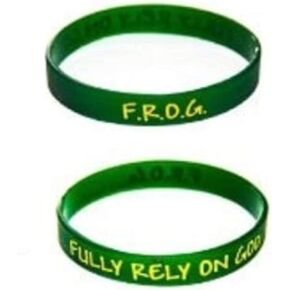 Fully Rely on God Frog Green Silicone Wristbands Bracelets Gold Ink Injected Religious Wristband For Church Sunday School Vacation Bible School VBS Party Favors Bulk 100 Count