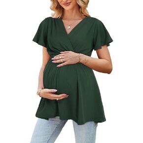 OUGES 2023 Womens Maternity Tops/Shirts Short Sleeve Wrap V Neck Tie Back Maternity Clothes/Tunic Casual Pregnancy Blouse