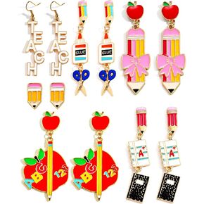 Colorful Teacher Earrings for Women Dangle Drop Pencil Apple Earrings Teacher Appreciation Earrings Back To School Christmas Gift Jewelry Set