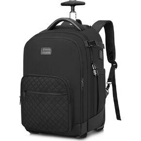 Mancro Rolling Backpack for Women Men, 17 Inch Travel Laptop Backpack with Wheels for Adults, Anti Theft Wheeled Backpack Underseat Carry on Luggage, Business Roller Backpack, Black