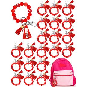 Henoyso 20 Pcs Cheer Beaded Wristlet Keychains Bulk Acrylic Cheer Megaphone Keychains for Cheerleading Christmas Team Gift