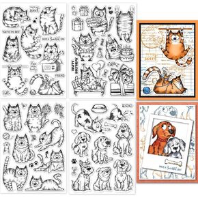 GLOBLELAND 4 Sheets Cartoon Cat Dog Clear Stamp for Card Making Birthday Cat Silicone Stamp Seals Funny Cat Dog Transparent Stamps for DIY Scrapbooking Journals Decorative Photo Album 8.3x5.8inch
