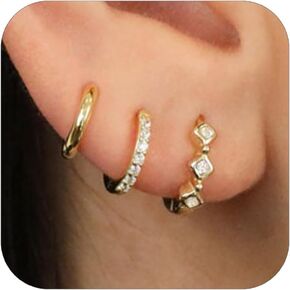 Gold Hoop Earrings Set for Women, 14K Gold Plated 3 Hole Earrings Set for Women Trendy Small Diamond Hypoallergenic Earrings for Multiple Ear Piercings, Dainty Gold Jewelry Gifts