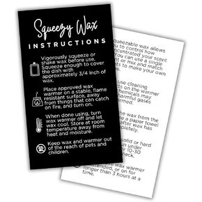 Squeezy Wax Instruction Cards Squeezable Liquid Melt | 50pk 2x3.5" Minimalist Black White Client Care Directions Long Lasting Scented Warmer