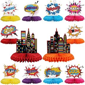 12 pcs Superhero Honeycomb Centerpieces Spiderman Party table Decorations for Comic Party Superhero Centerpieces City Decorations for Spiderman Party