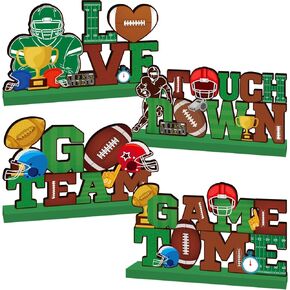 4pcs Football Party Decorations Wooden Table Centerpieces Touch Down Game Time Football Table Decorations for Football Party Sport Theme Football Birthday Party Table Topper