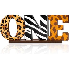 ANGOLIO Jungle Safari Animal One Letter Sign Table Wooden Centerpieces for Baby Boys,Leopard Zebra Giraffe Print 1st Birthday Party Decorations, One Years Old Birthday Party Sign Photo Props