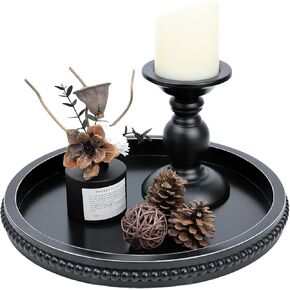 Blue Round Wood Decorative Ottoman Tray for Coffee Table Kitchen Counter, Living Room, Handcrafted Wooden Serving Tray for Table Centerpiece