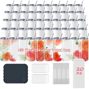 50 Pack Sublimation Tumblers 20 oz Skinny Bulk, Stainless Steel Double Wall Insulated Straight 20oz Sublimation Tumbler Blank with Lids, Straws, Individually Box, Polymer Coating for Heat Transfer