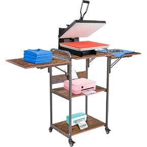 Houseables Heat Press Table Stand, Heat Press Stand with Wheels, 3 Tier with Foldable Side Tables, Heat Press Cart with Wheels, Heat Press Desk, Table For Heat Press Machine, Sublimation, Cricut