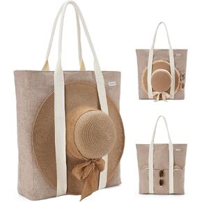 Large Beach Tote Bag with Zipper-Travel Tote Bag for Women with Sun Hat Holder Strap Boho Summer Beach Tote