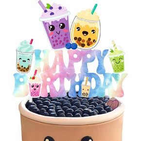 Bubble Birthday Cake Topper Glittery Pink Cute boba Tea Cake Topper Bubble Tea Birthday Party Decoration Pink Bubble Theme Cake Pick for Pearl Milk Tea Theme Party Baby Shower Supplies