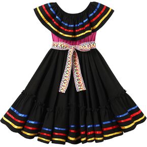 OBEEII Mexican Dress for Girls Toddler A-line Flowy Cinco De Mayo Fiesta Dress Traditional Folk Ruffle Drape Dress with Belt