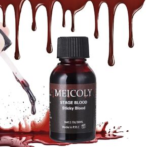MEICOLY Fake Blood Washable,Edible Stage Blood,0.5 oz Realistic Drips Sticky Fake Blood, with 6 Packs Easy to Fill Empty Capsules,Safe for Mouth,Teeth,Nosebleed,Halloween,Cosplay,SFX Makeup