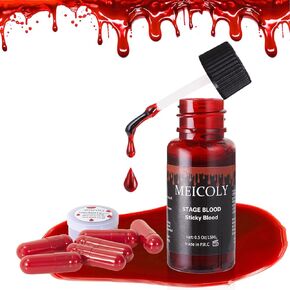 MEICOLY Fake Blood Washable,Edible Stage Blood,0.5 oz Realistic Drips Sticky Fake Blood, with 6 Packs Easy to Fill Empty Capsules,Safe for Mouth,Teeth,Nosebleed,Halloween,Cosplay,SFX Makeup