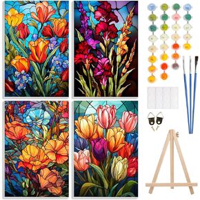 Genius maker 4 Pack Paint by Number Kits for Adults Beginners Framed Canvas, DIY Adult Paint by Number Kits with Easel, Flower Acrylic Easy Paint by Numbers, Arts and Crafts for Home Decor 8x12inch