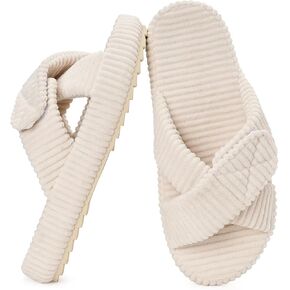 Slippers for Women Comfy Memory Foam Adjustable Corduroy Cross Band Open Toe Slip on Bedroom Home House Slides Shoes Indoor Outdoor