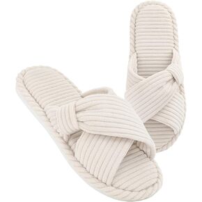 House Slippers for Women Corduroy Cross Band Slippers Open Toe Bedroom Indoor Shoes with Memory Foam