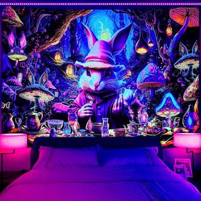 Invoibler Blacklight Bunny Tapestry UV Reactive Mushroom Tapestries Neon Rabbit Tapestry Fantasy Forest Tapestry Aesthetic Plant Wall Decor Magical Wall Hanging for Bedroom(51.2 x 59.1 inches)