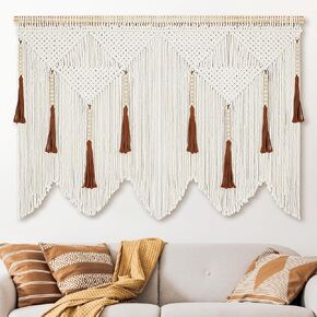 ANROYE Large Macrame Wall Hanging, Boho Woven Tapastry with Wood Bead Tassel, Above Bed Minimalist Decor for Bedroom, Bohemian Art Decoration for Living Room Apartment Home