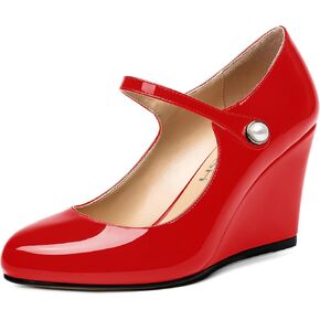 ROSERWISH Womens Ankle Strap Party Patent Fashion Sexy Round Toe Wedge High Heel Pumps Dress Shoes 3.5 Inch