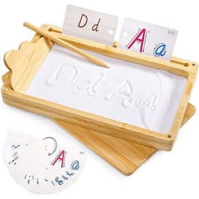 Nagpew Sand Tray for Classroom, Montessori Sand Therapy Tray with Lid, Educational Bamboo Sand Writing Toy with Alphabet Cards Pen Sand for Letter Tracing, Numbers, Drawing