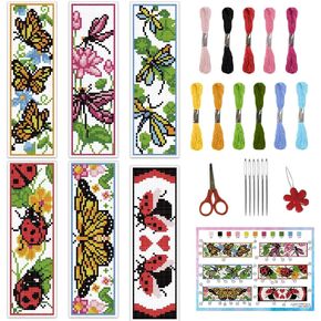INFUNLY 6PCS Butterflies Cross Stitch Bookmark Kits Insects 8''x2.4'' Bookmark Making Kit Dragonflies DIY Stamped Embroidery Bookmarks for Beginners with Instruction for Book Lovers Reader Writers