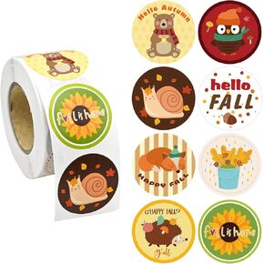 500PCS Happy Fall Round Stickers, 8 Designs Roll Stickers Autumn Fox Sunflower Hedgehog Acorn Envelope Adhesive Labels for Thanksgiving Party Gift Greeting Card Candy Goodie Decor, 1.5 Inch