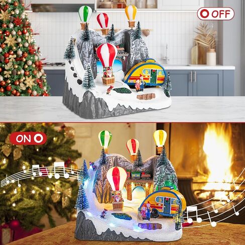 Christmas Village Houses, Hot Air Balloons Snow Mountain with LED Lighted and 8 Christmas Music, Christmas Animation Village Indoor Holiday Tabletop Decorations for Home Tabletop Gift in Saudi Arabia