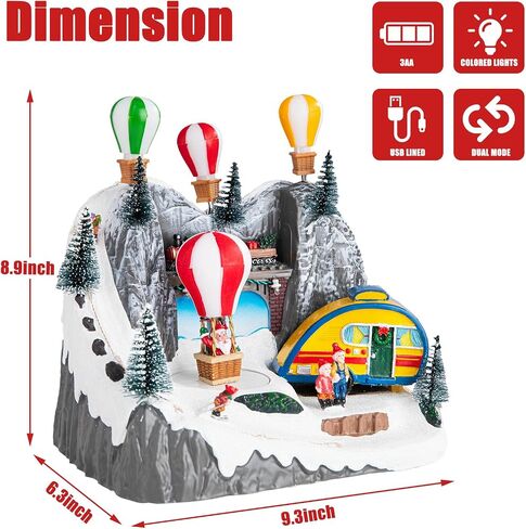 Christmas Village Houses, Hot Air Balloons Snow Mountain with LED Lighted and 8 Christmas Music, Christmas Animation Village Indoor Holiday Tabletop Decorations for Home Tabletop Gift in Saudi Arabia